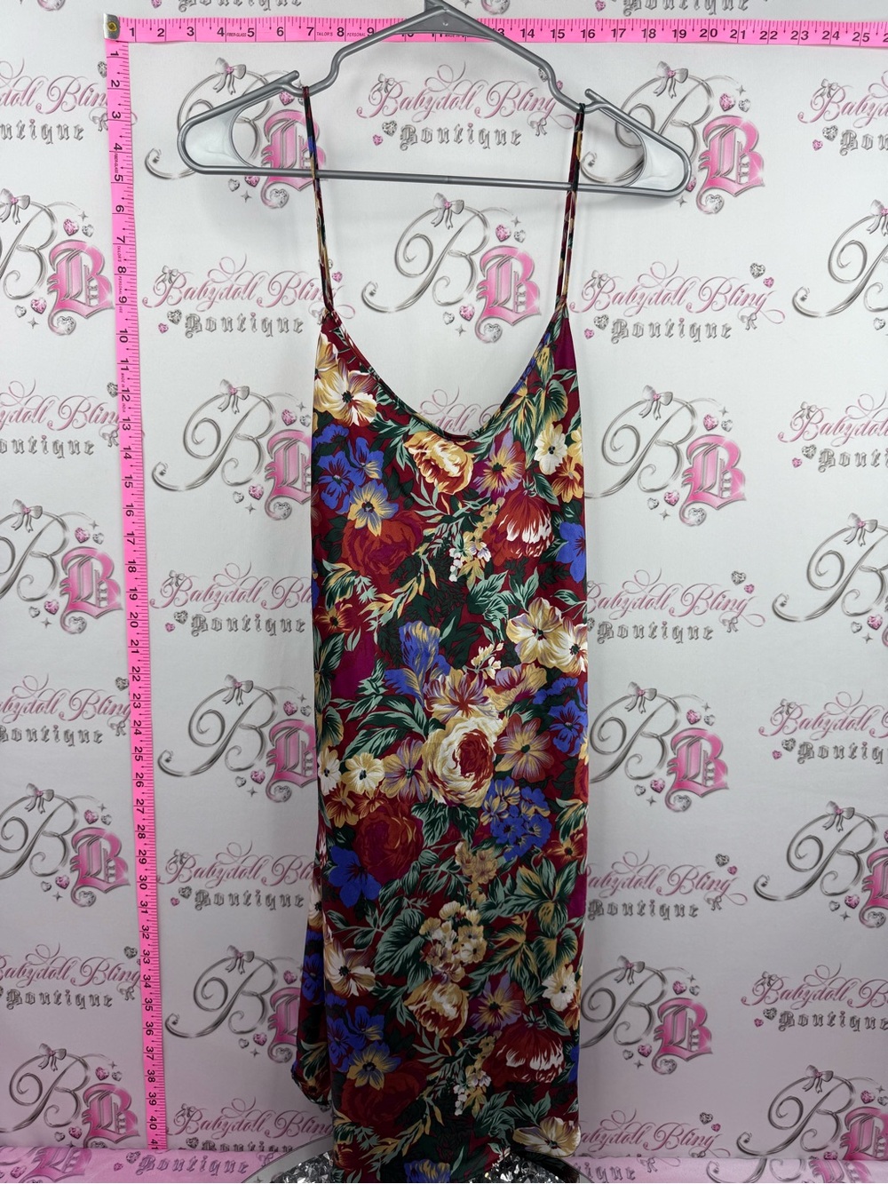 GODIVA dress vintage Floral Satin Slip Dress in Burgundy with Multicolor Blooms